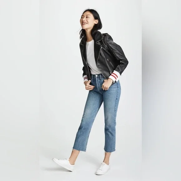 Anine Bing Quinlan Moto Biked Jacket with Varsity Cuffs and Hem - Picture 12 of 12